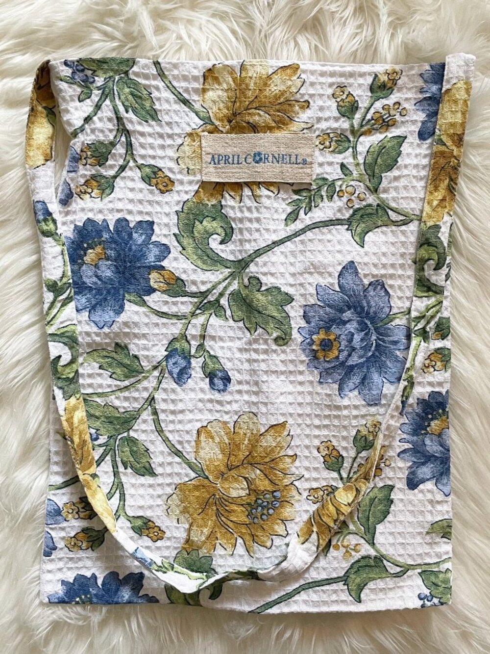 April Cornell White Blue Yellow Floral Waffle Cotton Cottagecore Tote Bag